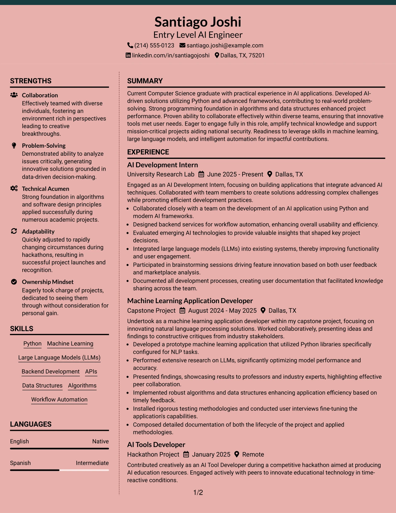 Resume Example Page 1