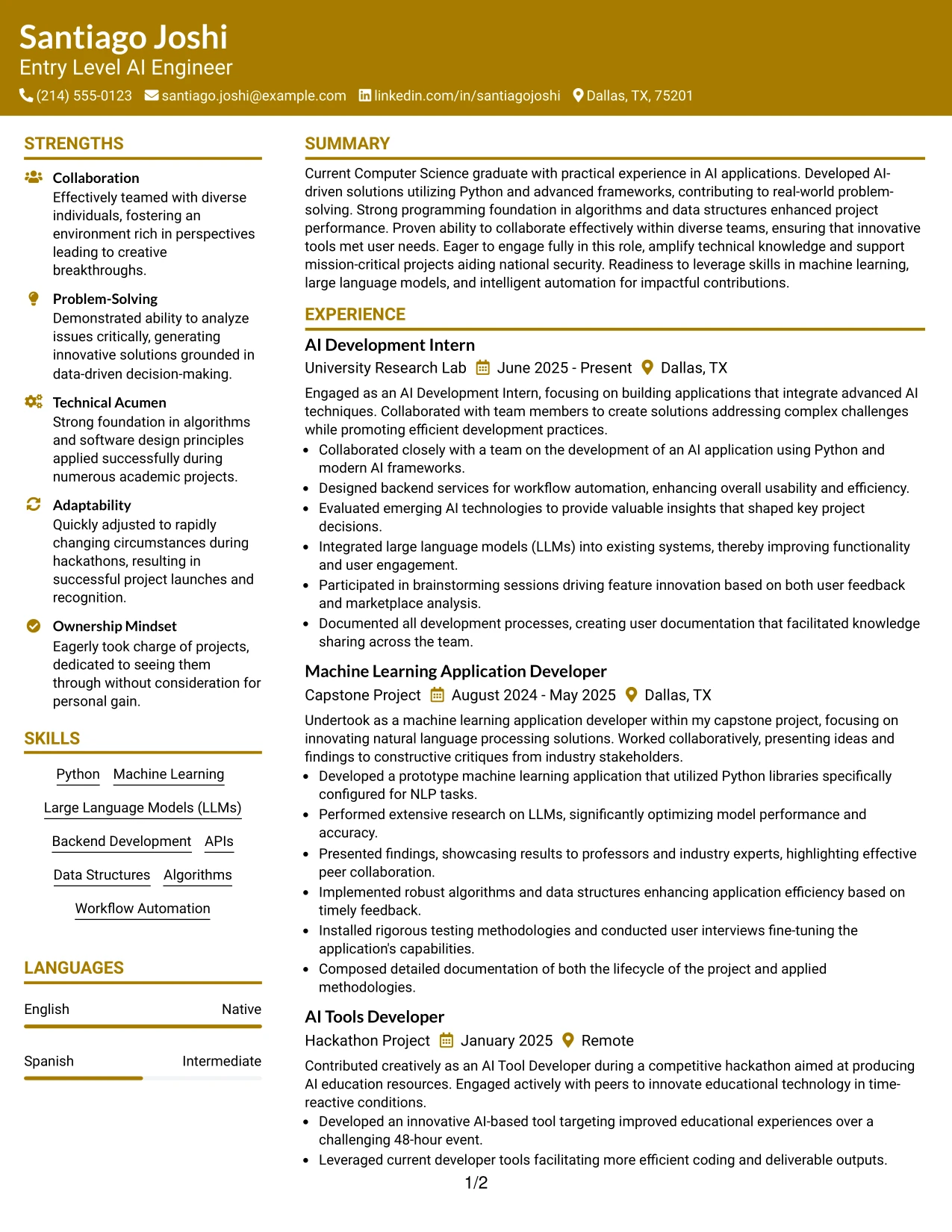 Resume Example Page 1