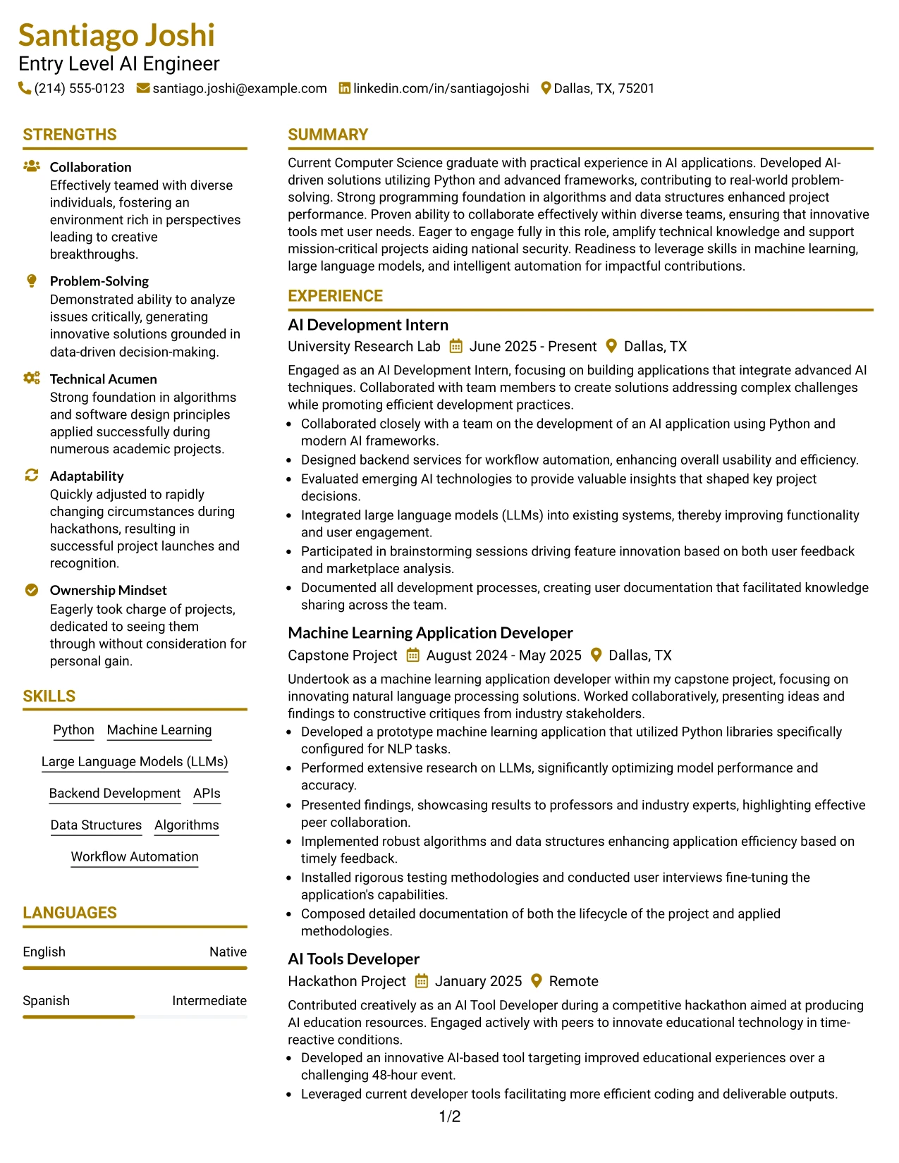 Resume Example Page 1