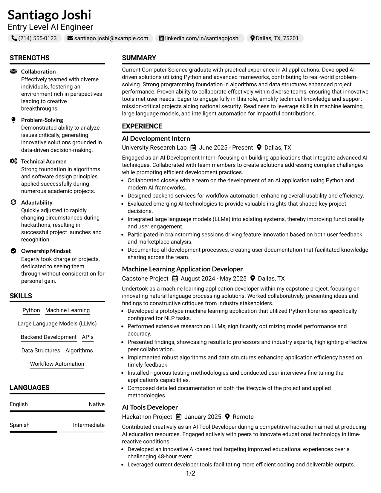 Resume Example Page 1