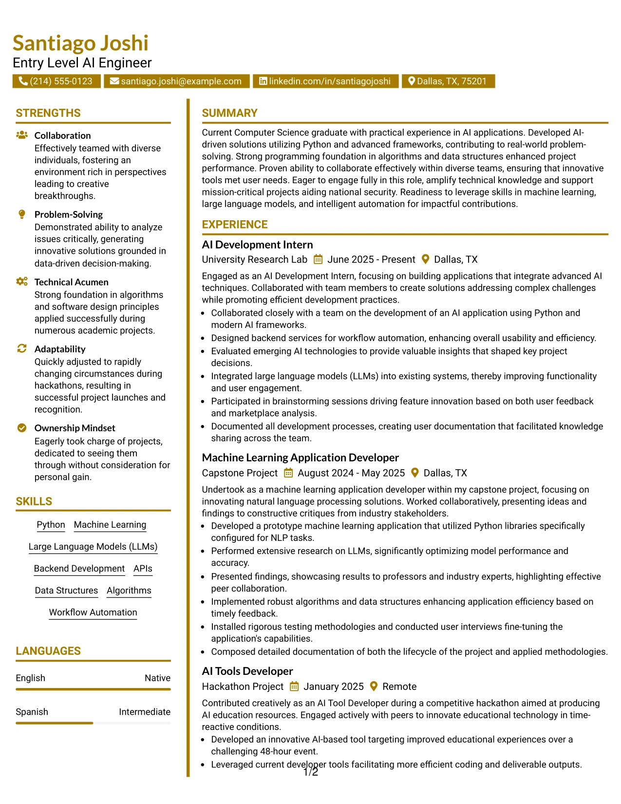 Resume Example Page 1