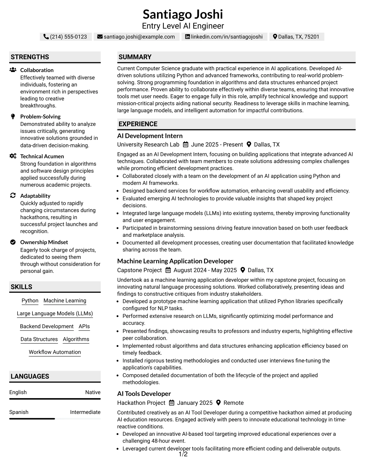 Resume Example Page 1