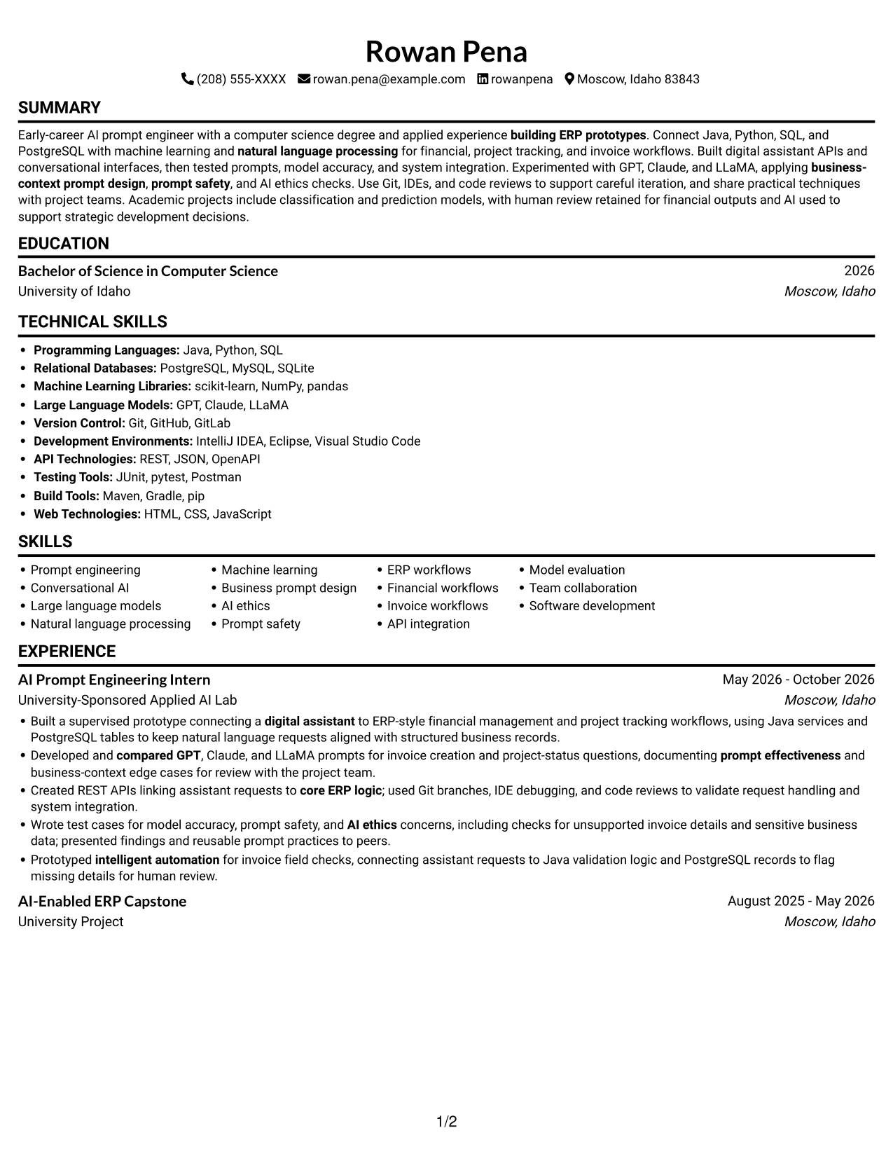 Entry-Level AI Prompt Engineer - ERP Conversational AI resume, page 1