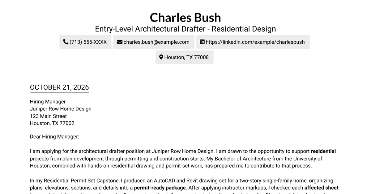 7 Entry-Level Architectural Drafter - Residential Design Cover Letter Templates with Example