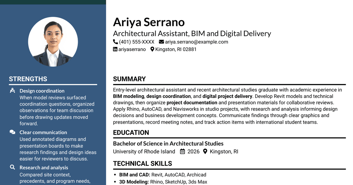7 Entry-Level Architectural or Engineering Assistant - BIM and Digital Delivery Resume Templates with Example
