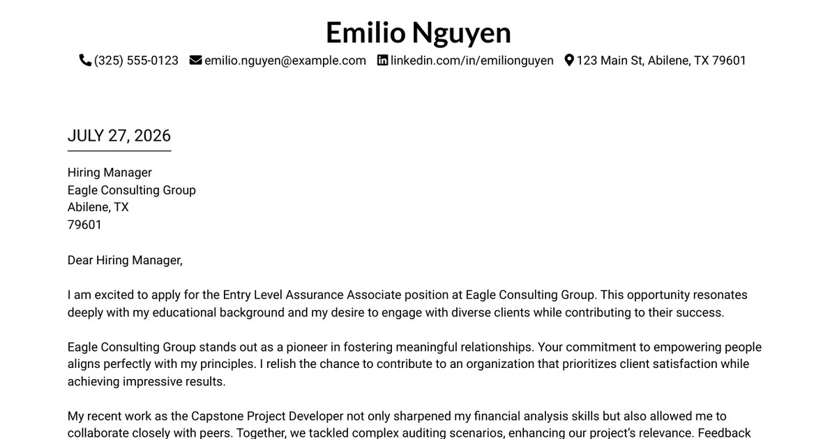 30+ Entry Level Assurance Associate Cover Letter Templates with Example 2026