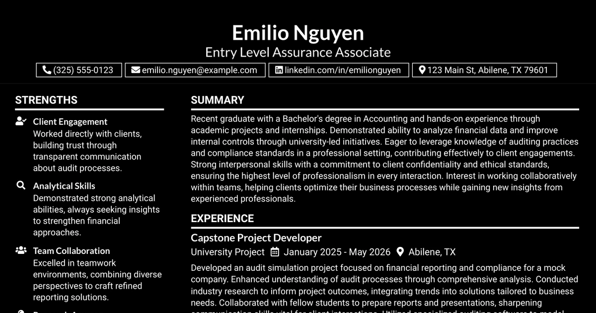 33 Entry Level Assurance Associate Resume Templates with Example 2026
