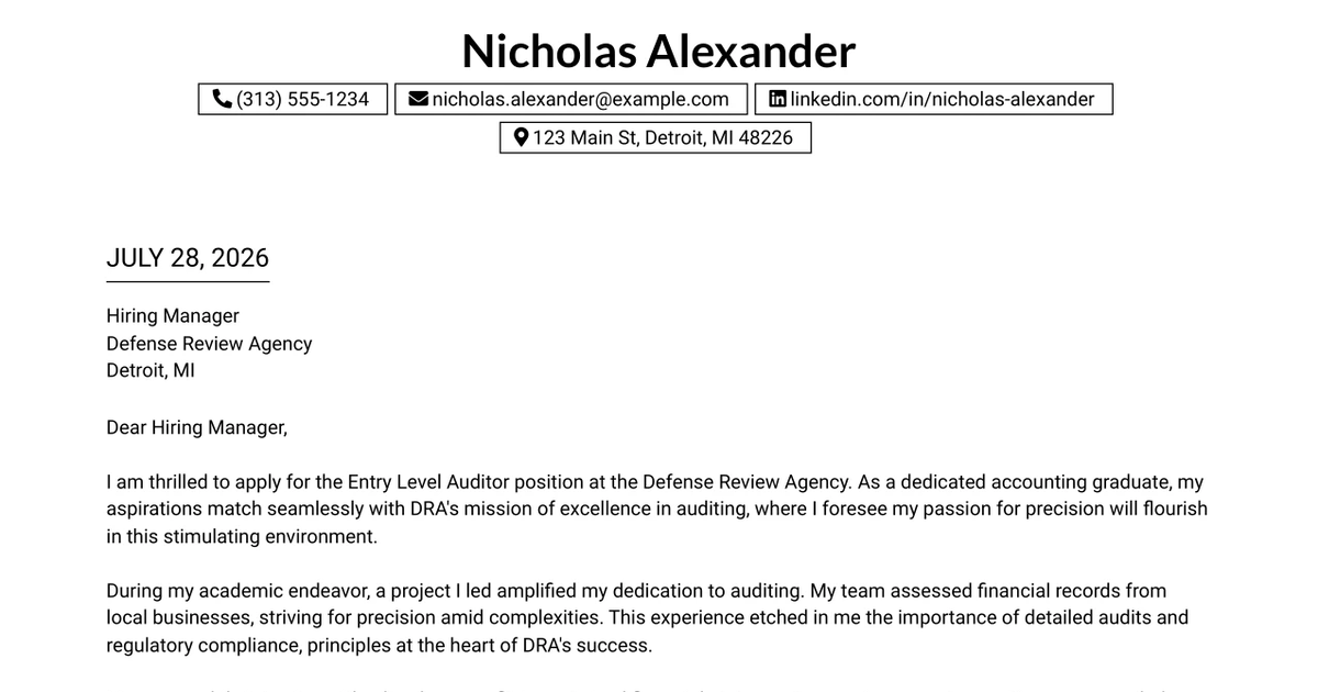 30+ Entry Level Auditor Cover Letter Templates with Example 2026