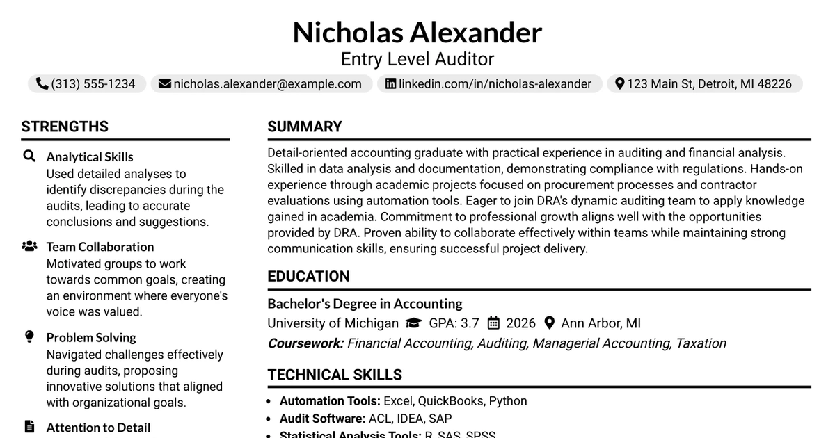33 Entry Level Auditor Resume Templates with Example 2026 (ATS-Optimized)