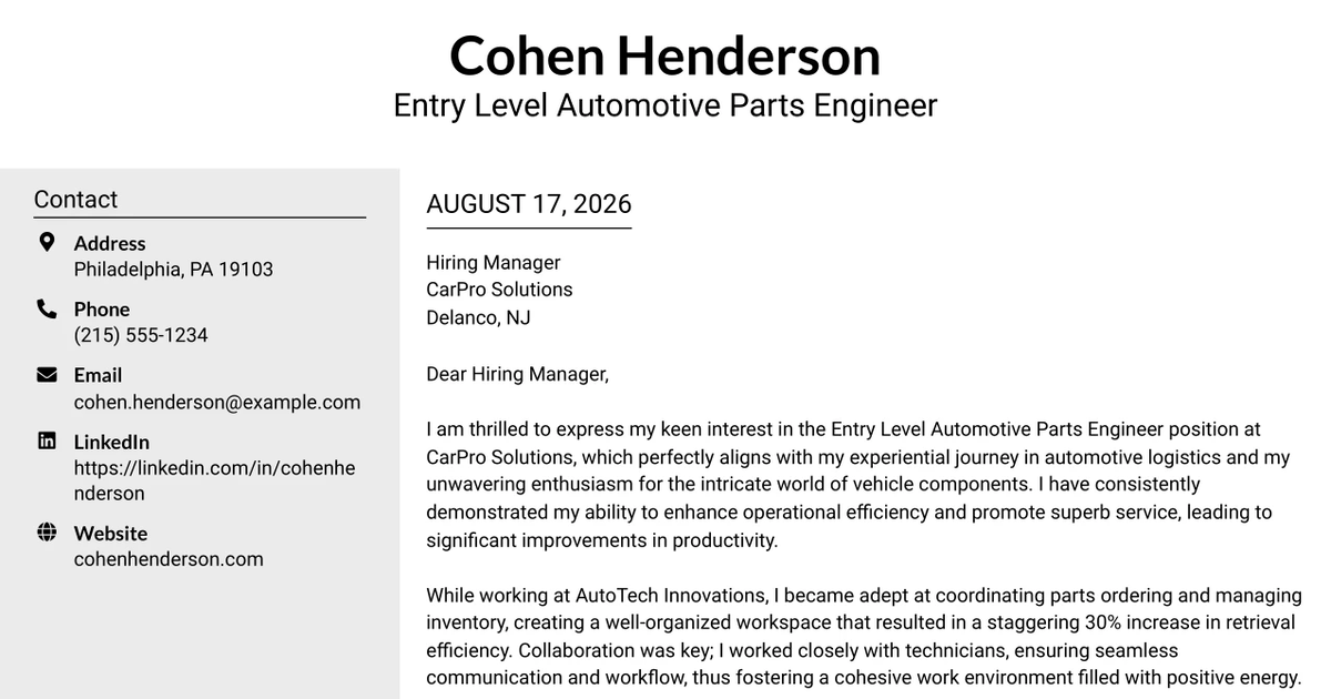 30+ Entry Level Automotive Parts Engineer Cover Letter Templates with Example 2026