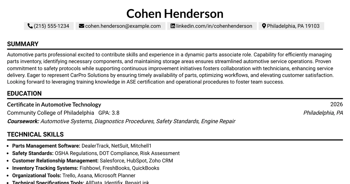 33 Entry Level Automotive Parts Engineer Resume Templates with Example 2026 (ATS-Optimized)