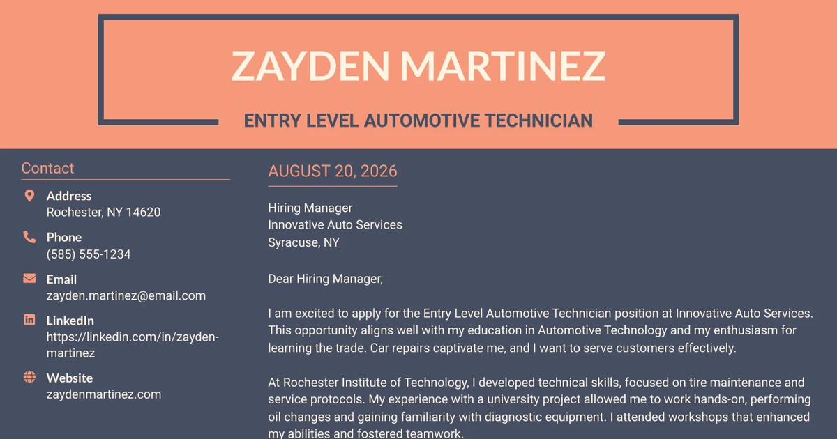 30+ Entry Level Automotive Technician Cover Letter Templates with Example 2026