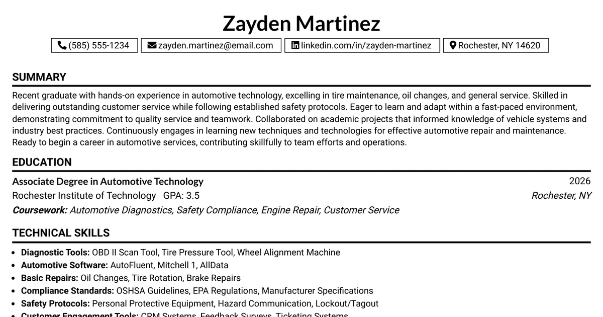 33 Entry Level Automotive Technician Resume Templates with Example 2026 (ATS-Optimized)