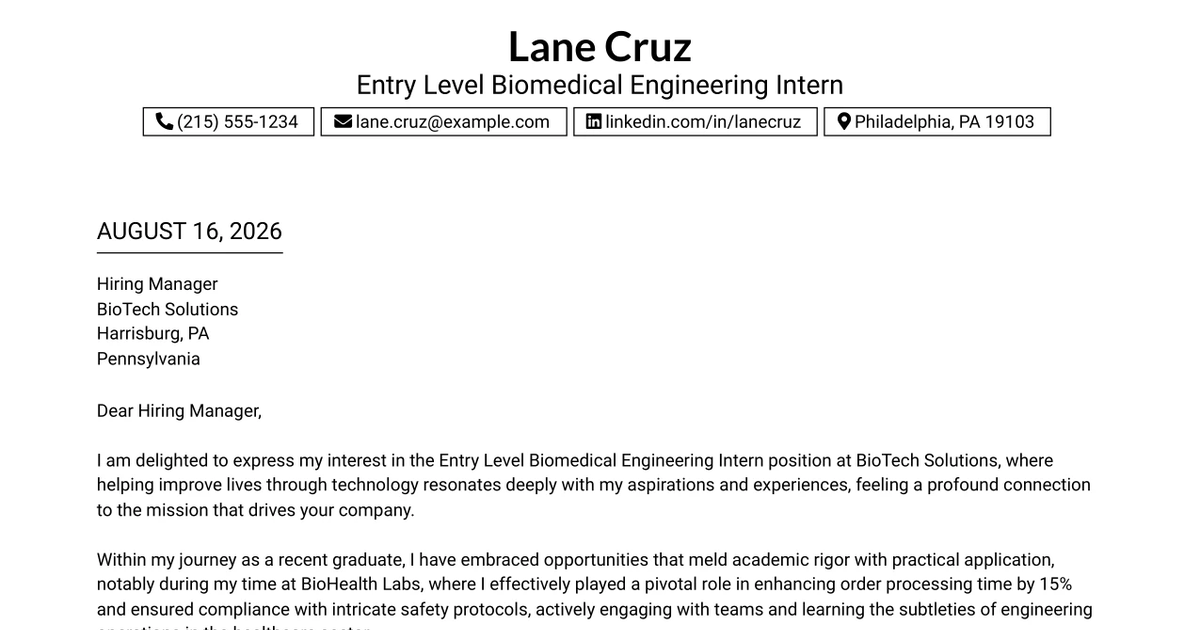 30+ Entry Level Biomedical Engineering Intern Cover Letter Templates with Example 2026