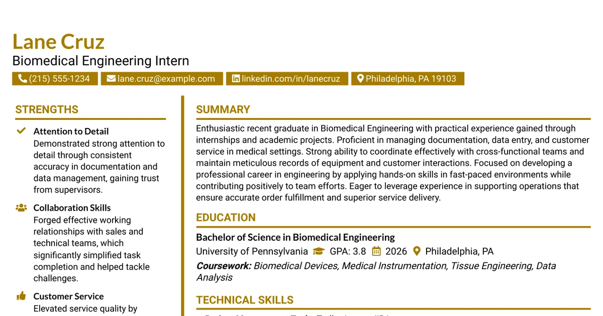 33 Entry Level Biomedical Engineering Intern Resume Templates with Example 2026 (ATS-Optimized)