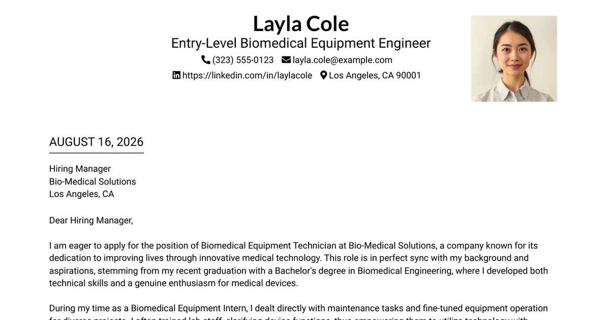 30+ Entry-Level Biomedical Equipment Engineer Cover Letter Templates with Example 2026