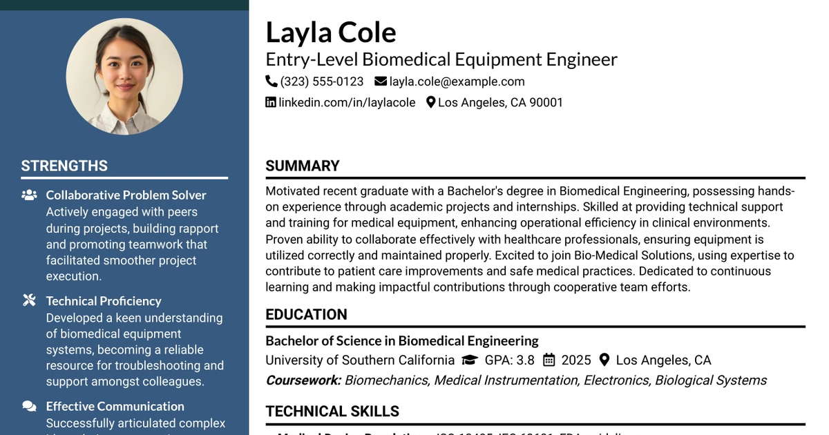 33 Entry-Level Biomedical Equipment Engineer Resume Templates with Example 2026 (ATS-Optimized)