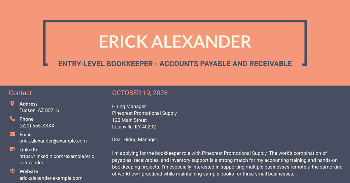 7 Entry-Level Bookkeeper - Accounts Payable and Receivable Cover Letter Templates with Example
