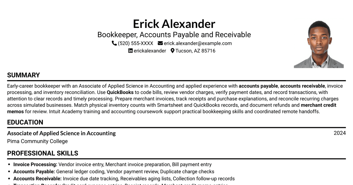 7 Entry-Level Bookkeeper - Accounts Payable and Receivable Resume Templates with Example