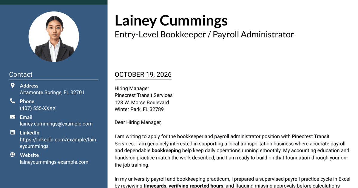 7 Entry-Level Bookkeeper / Payroll Administrator Cover Letter Templates with Example