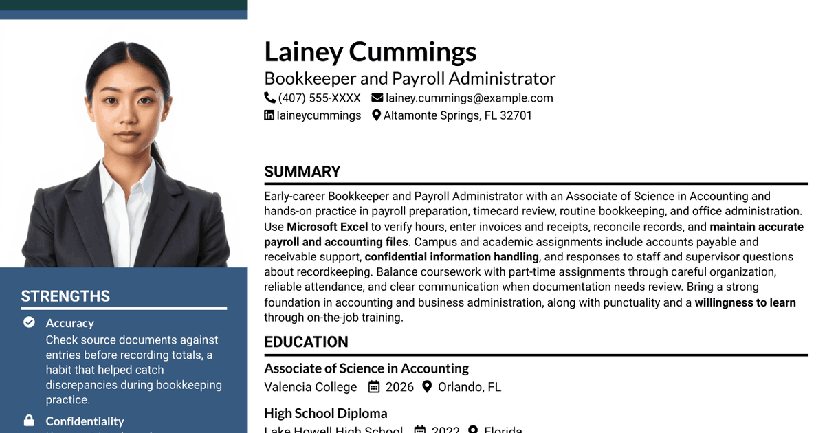 7 Entry-Level Bookkeeper / Payroll Administrator Resume Templates with Example