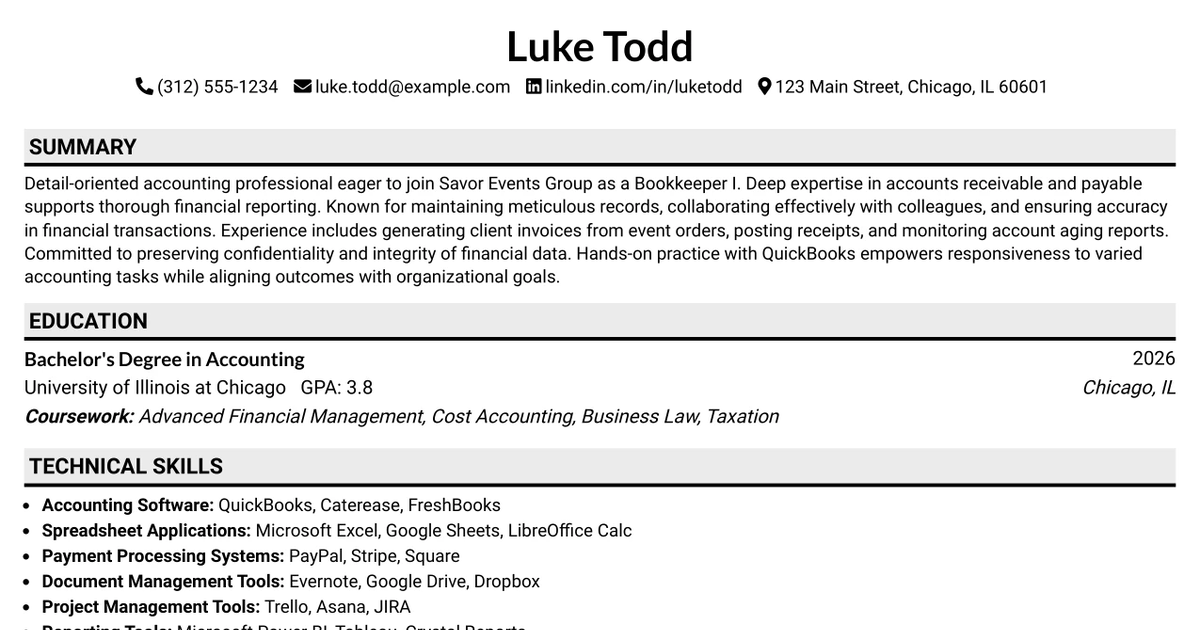 33 Entry Level Bookkeeper Resume Templates with Example 2026 (ATS-Optimized)