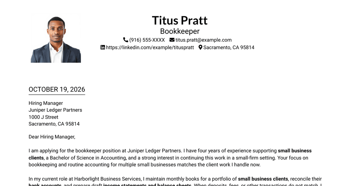 7 Entry-Level Bookkeeper - Small Business Accounting Cover Letter Templates with Example
