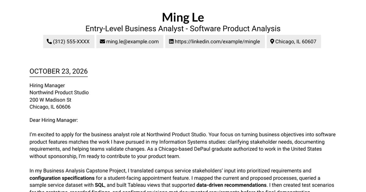 7 Entry-Level Business Analyst - Software Product Analysis Cover Letter Templates with Example