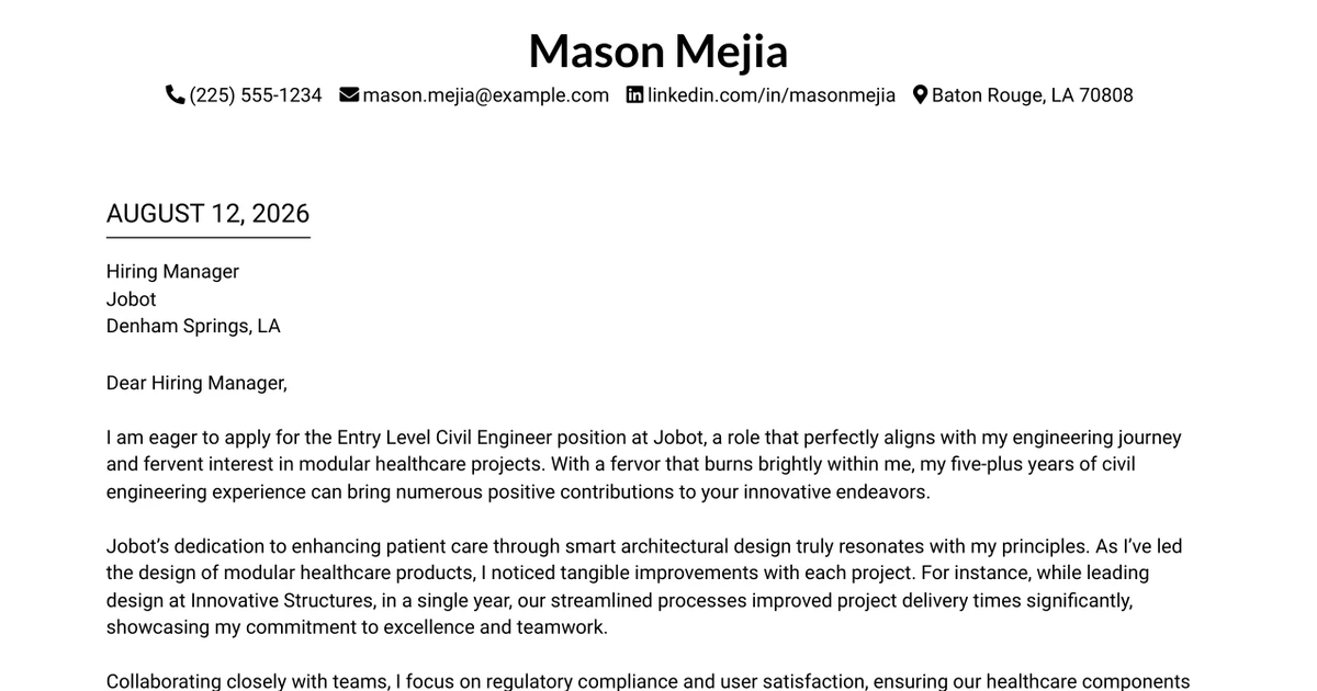 30+ Entry Level Civil Engineer (Land Development) Cover Letter Templates with Example 2026