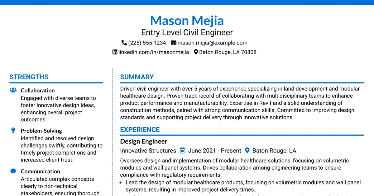 33 Entry Level Civil Engineer (Land Development) Resume Templates with Example 2026