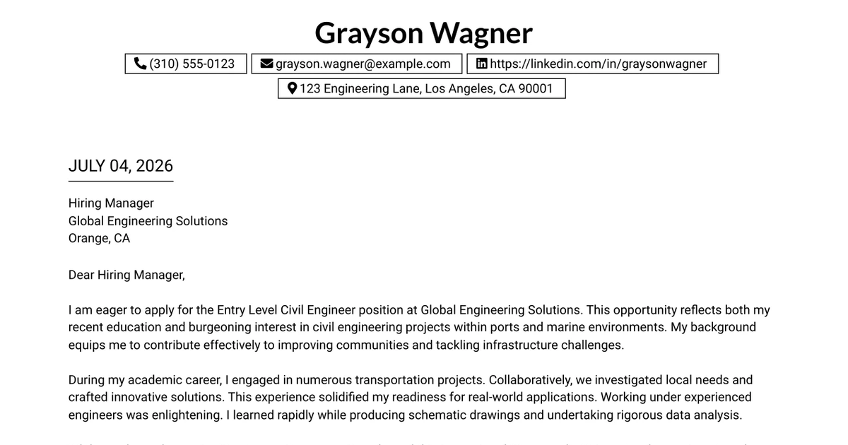 30+ Entry Level Civil Engineer - Ports and Marine Cover Letter Templates with Example 2026