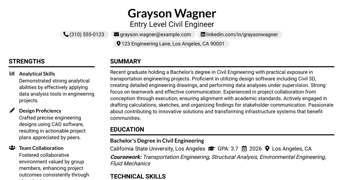 33 Entry Level Civil Engineer - Ports and Marine Resume Templates with Example 2026 (ATS-Optimized)