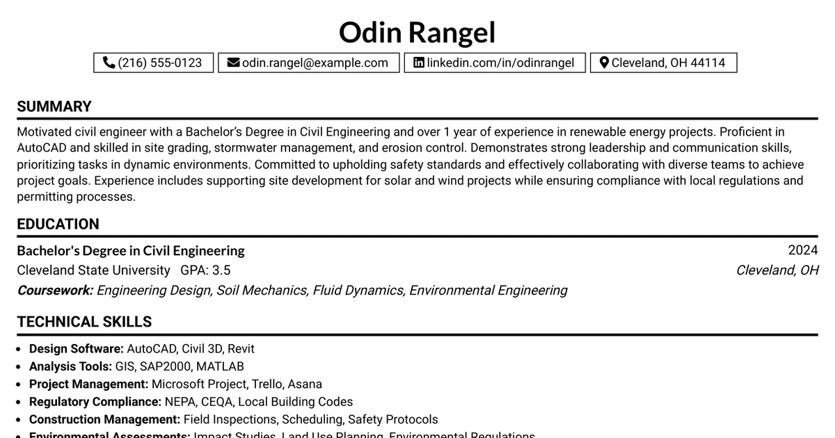 33 Entry Level Civil Engineer (Renewables) Resume Templates with Example 2026 (ATS-Optimized)