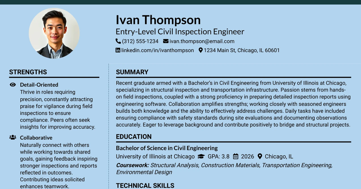 33 Entry-Level Civil Inspection Engineer Resume Templates with Example 2026 (ATS-Optimized)