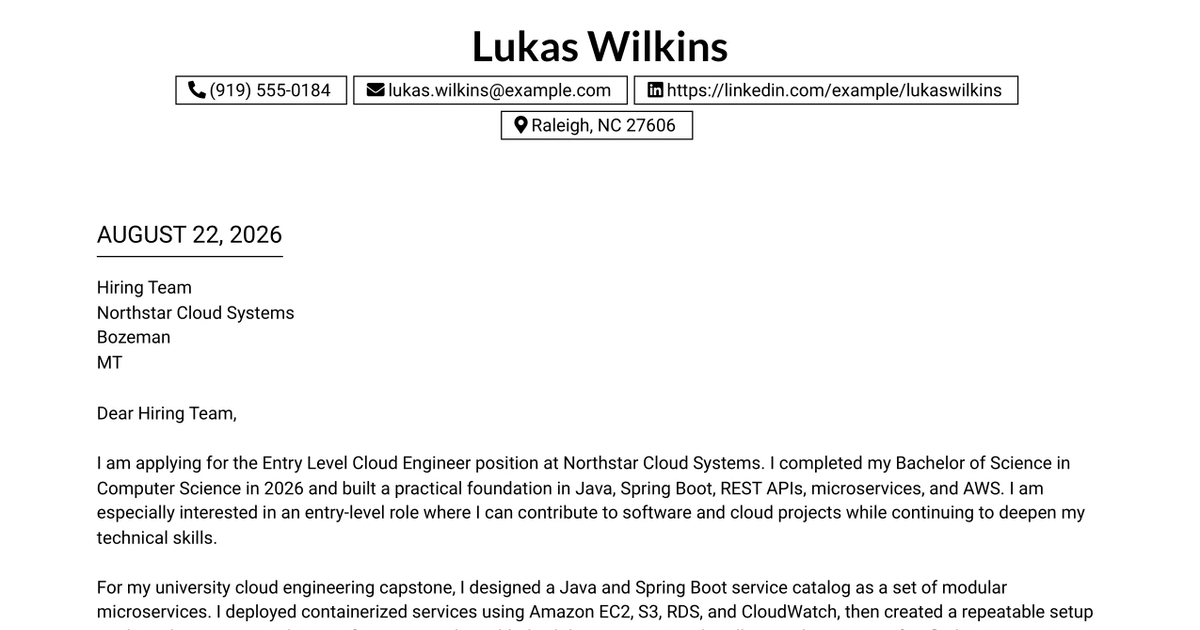 30+ Entry Level Cloud Engineer (AWS) Cover Letter Templates with Example 2026
