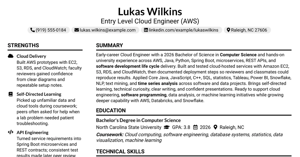 33 Entry Level Cloud Engineer (AWS) Resume Templates with Example 2026 (ATS-Optimized)