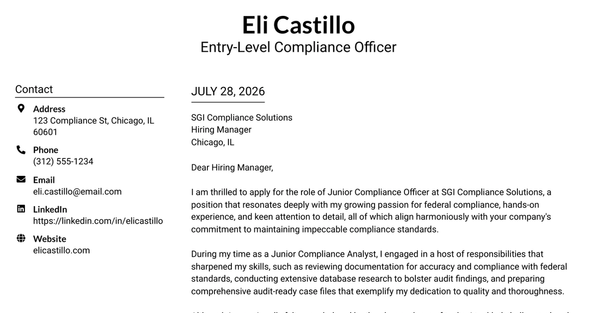 30+ Entry-Level Compliance Officer Cover Letter Templates with Example 2026