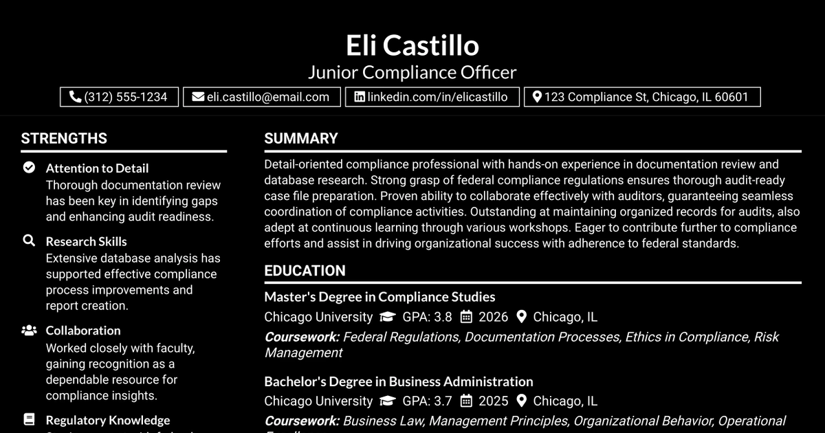 33 Entry-Level Compliance Officer Resume Templates with Example 2026 (ATS-Optimized)