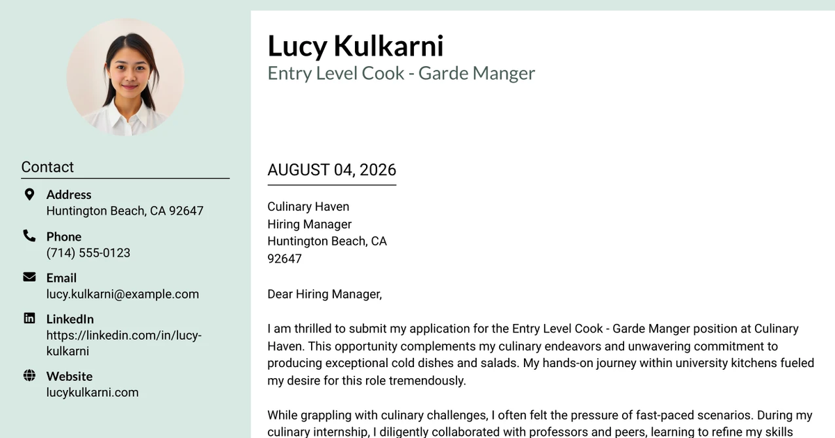 30+ Entry Level Cook - Garde Manger Cover Letter Templates with Example 2026