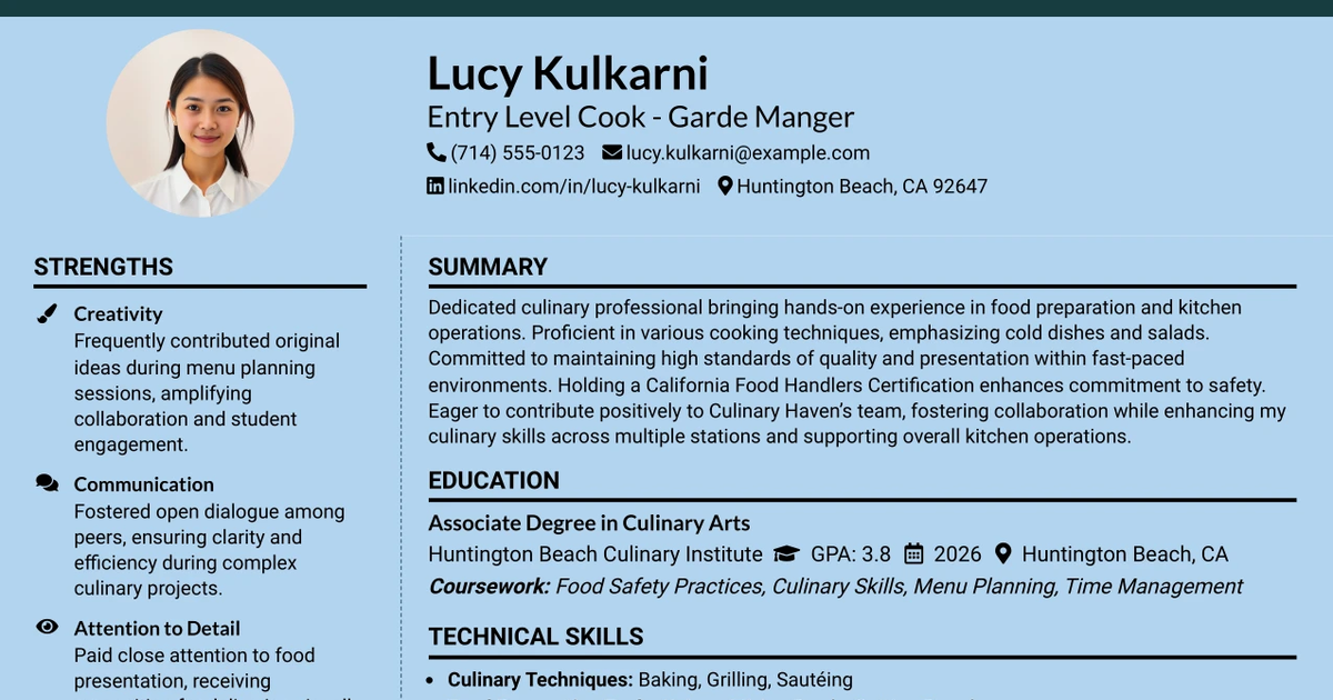 33 Entry Level Cook - Garde Manger Resume Templates with Example 2026 (ATS-Optimized)