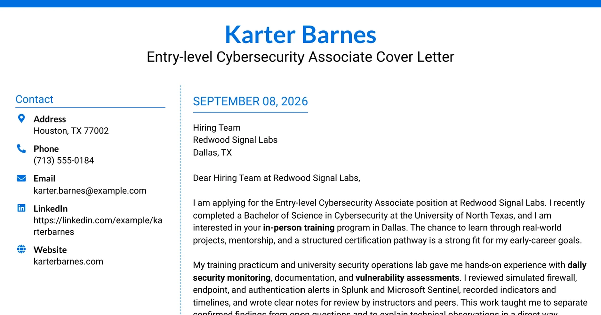 30+ Entry-level Cybersecurity Associate Cover Letter Templates with Example 2026