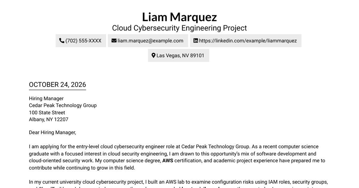 7 Entry-Level Cybersecurity Engineer - Cloud Cover Letter Templates with Example