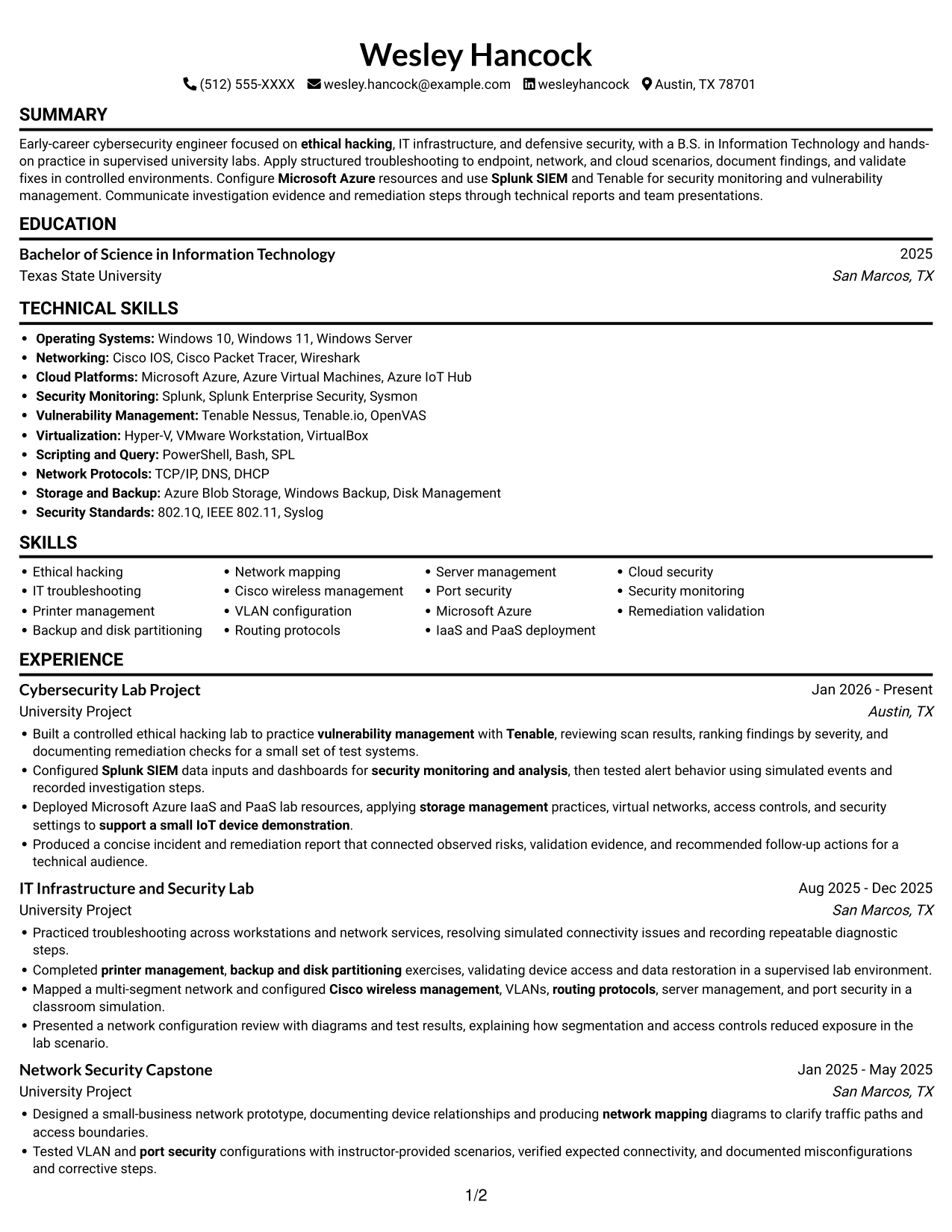 Entry-Level Cybersecurity Engineer - Ethical Hacking resume, page 1