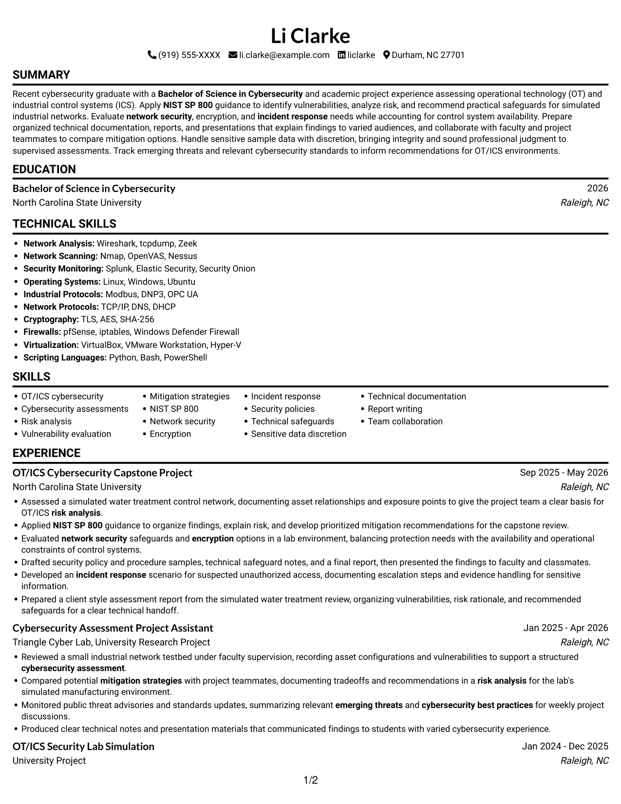 Entry-Level Cybersecurity Engineer - OT/ICS Consulting resume, page 1