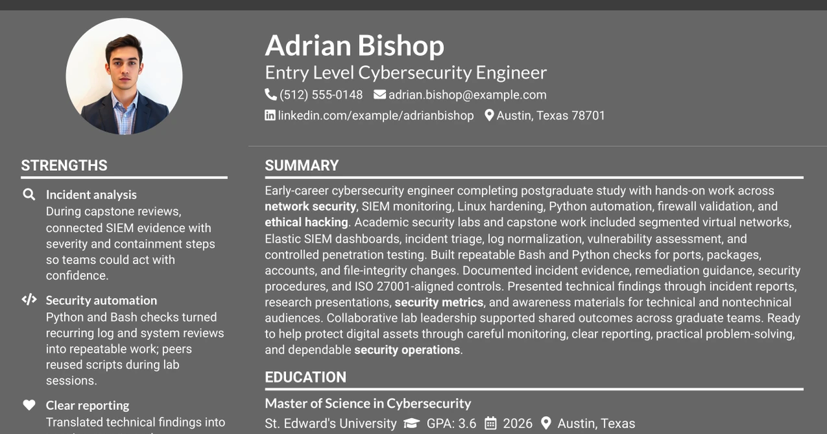 33 Entry Level Cybersecurity Engineer Resume Templates with Example 2026 (ATS-Optimized)