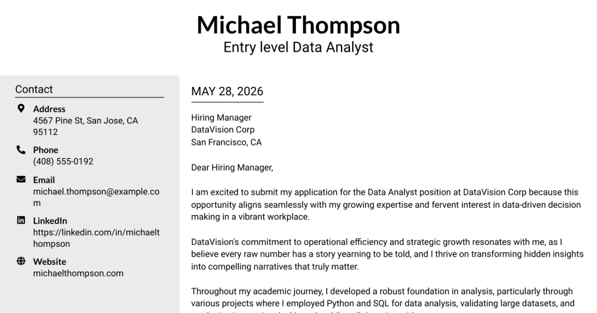 30+ Entry level Data Analyst Cover Letter Templates with Example 2026