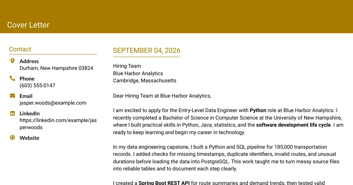 30+ Entry-Level Data Engineer with Python Cover Letter Templates with Example 2026