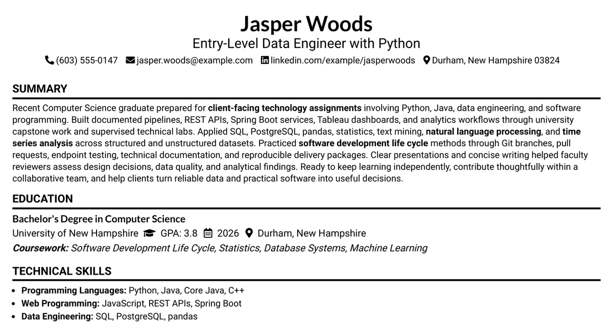 33 Entry-Level Data Engineer with Python Resume Templates with Example 2026 (ATS-Optimized)