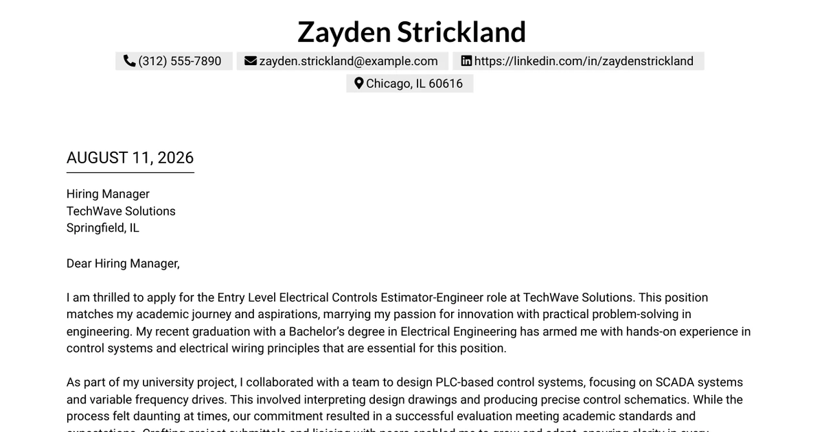 30+ Entry Level Electrical Controls Estimator-Engineer Cover Letter Templates with Example 2026
