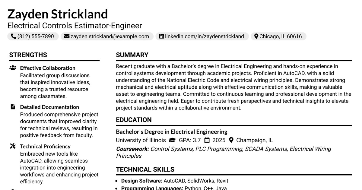 33 Entry Level Electrical Controls Estimator-Engineer Resume Templates with Example 2026 (ATS-Optimized)